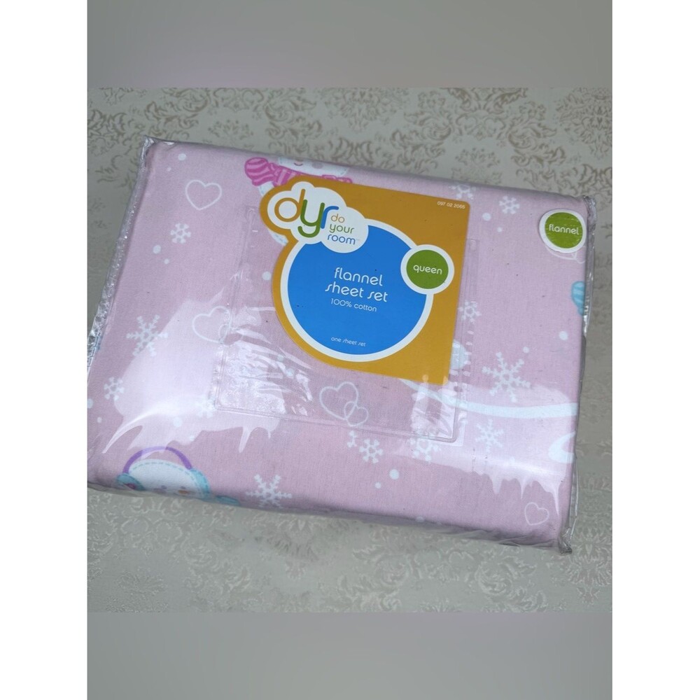 DYR Do Your Room Pink Snowman Flannel Sheet Set - Queen - Cotton - New